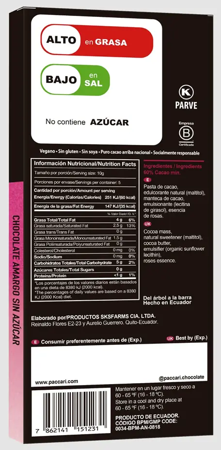 Paccari Premium: Barra de Chocolate con Rosas Sugar Free - Imagen 2